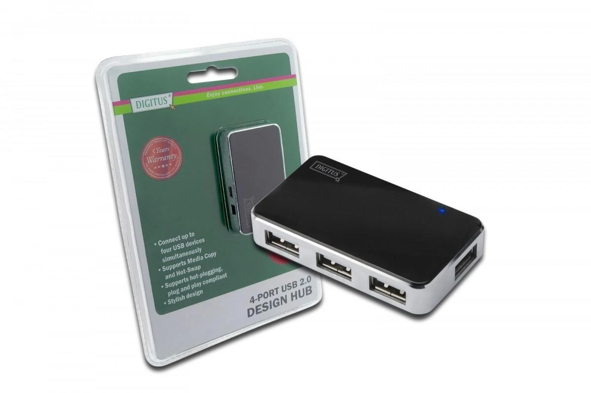 Assmann Electronic DIGITUS USB2.0 Hub 4 prievadų 4xUSB A /F USB B mini F įsk. maitinimo šaltinis ir USB kabelis A/B mini