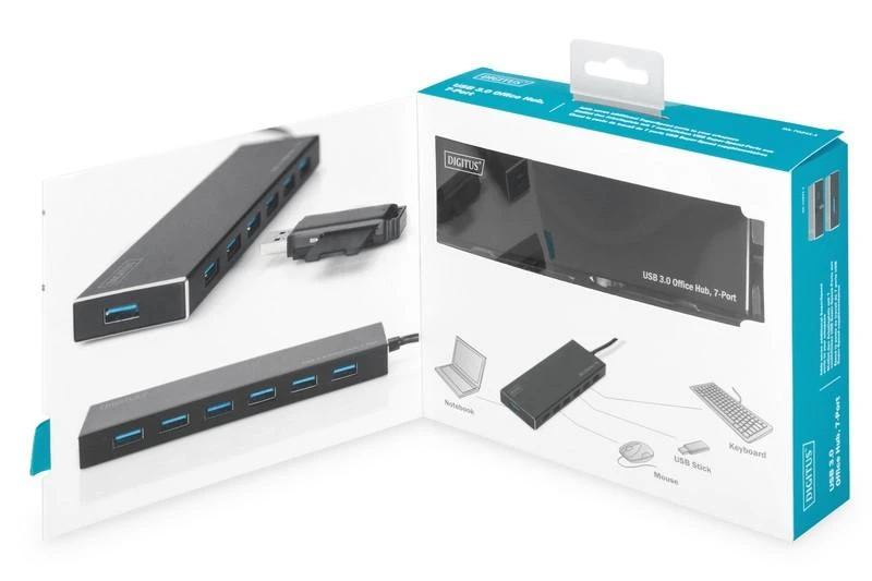 Assmann Electronic DIGITUS Hub 7 prievadų USB 3.0 SuperSpeed, maitinimo šaltinis, HQ aliuminis