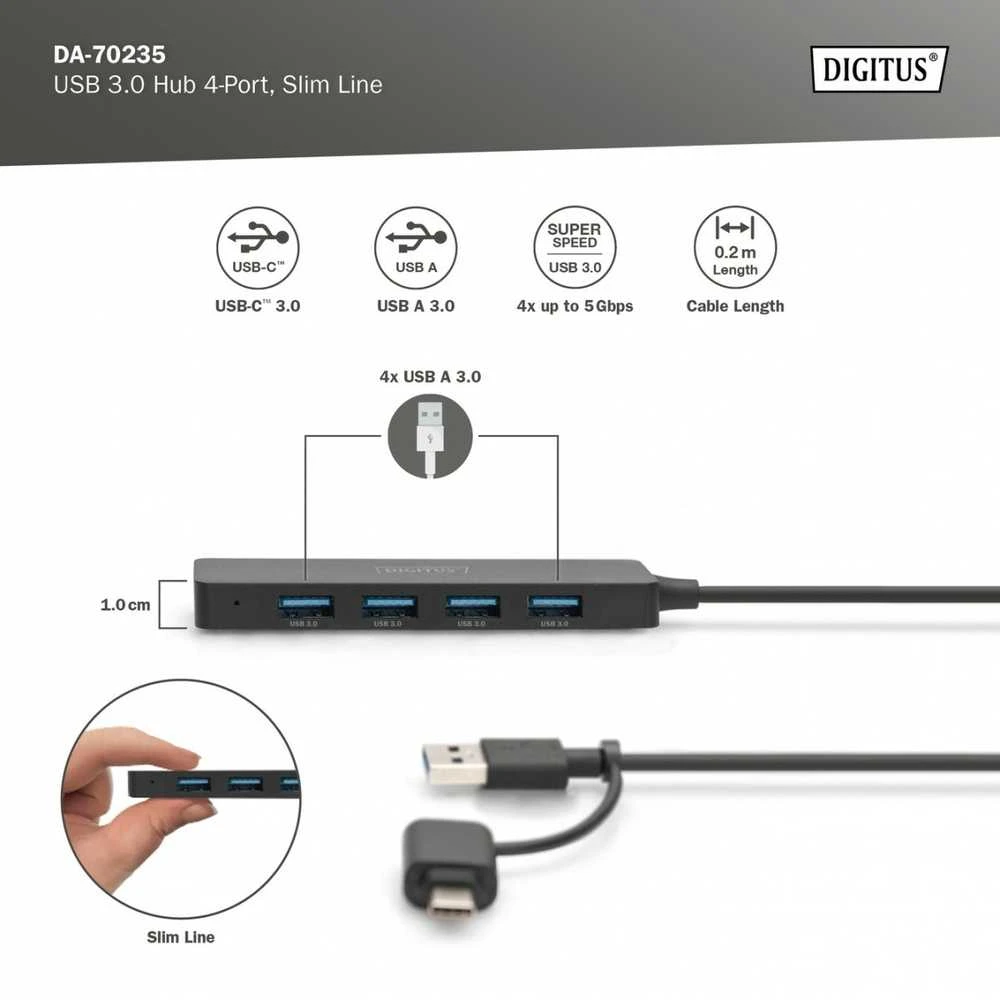DIGITUS USB 3.0 šakotuvas, 4 prievadų, su USB-C adapteriu, DA-70235