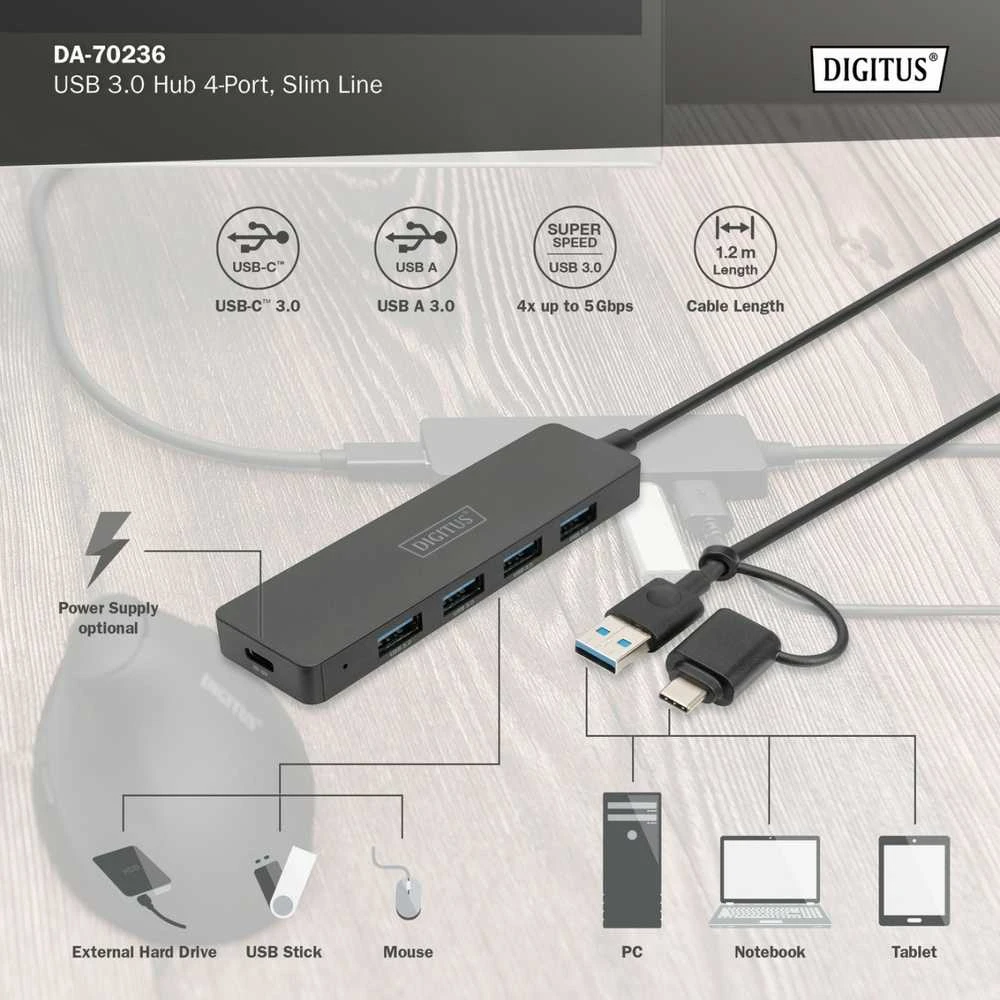 Digitus 4 prievadų USB šakotuvas su techninėmis specifikacijomis