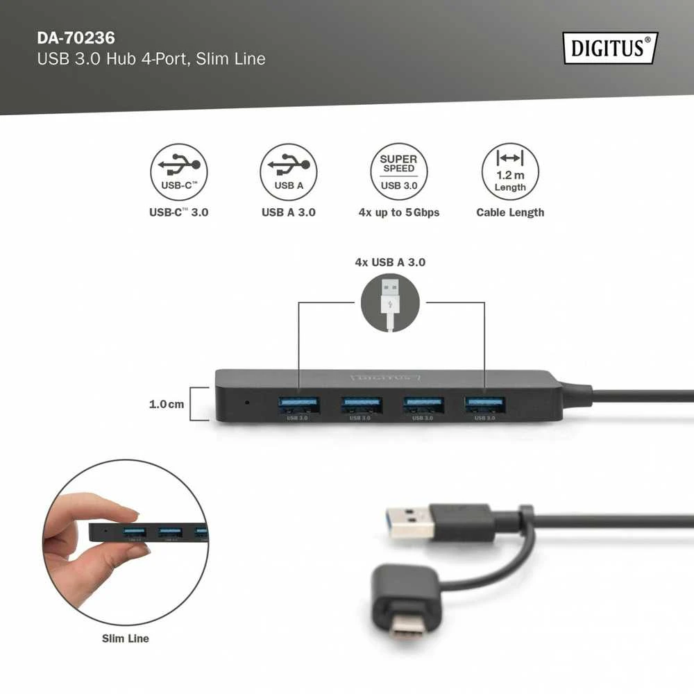 Digitus 4 prievadų USB 3.0 šakotuvas su techninėmis specifikacijomis