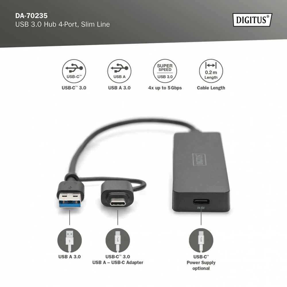 DIGITUS USB 3.0 šakotuvas, 4 prievadų, su USB-C adapteriu, DA-70235