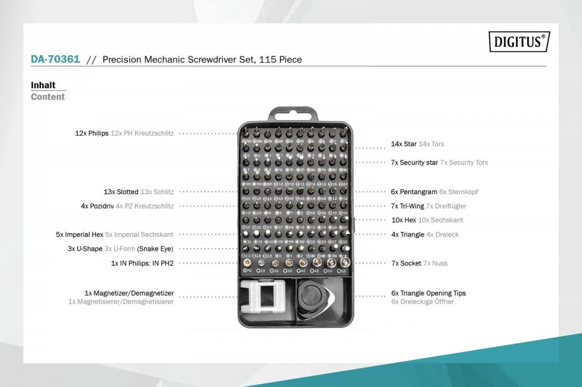 Assmann Electronic DIGITUS Precision Screwdriver Set 115, skirtas mobiliajam telefonui nešiojamam kompiuteriui laikrodžių akinių konsolei