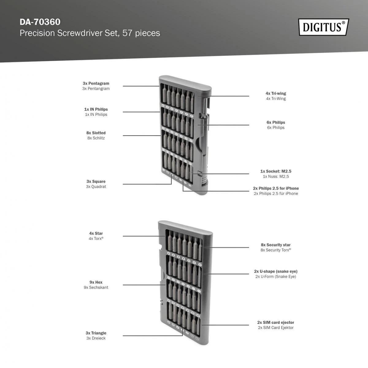 Digitus Skaitmenas | Precision Screwdriver Set 57 mobiliesiems telefonams, nešiojamiesiems kompiuteriams, laikrodžiams, akiniams, konsolei | Įrankių rinkinys