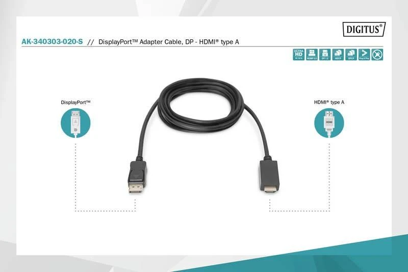 Assmann Electronic DIGITUS DisplayPort Adapteris Cable DP - HDMI Type A St / St 1,0m w / War. DP 1.2 HDMI 2.0 4K / 60Hz CE juodas