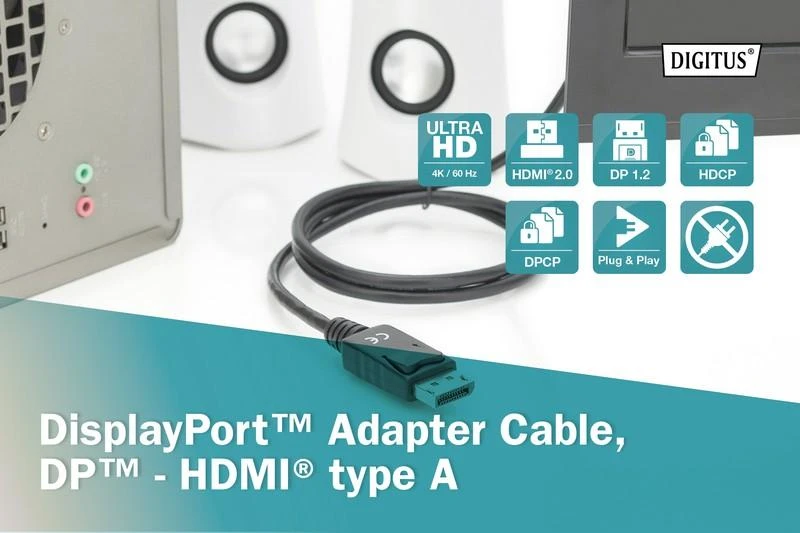 Assmann Electronic DIGITUS DisplayPort Adapteris Cable DP - HDMI Type A St / St 1,0m w / War. DP 1.2 HDMI 2.0 4K / 60Hz CE juodas