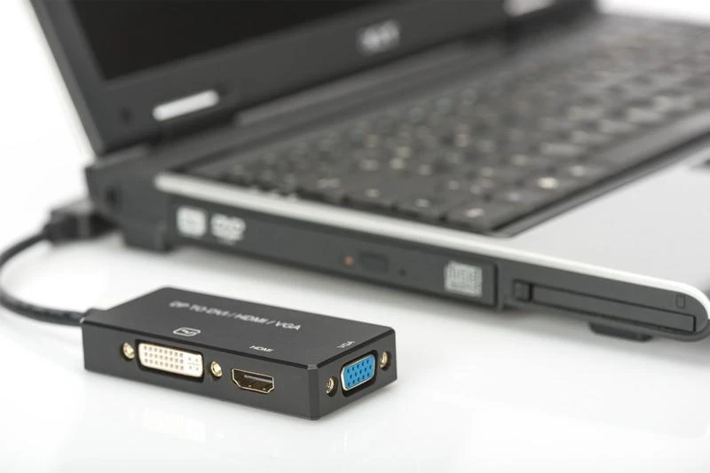 Šakotuvas Assmann Electronic ASSMANN DisplayPort konverteris kabelis DP - HDMI+DVI+VGA M-F/F/F 0 2m 3 in 1 Multi-Media kabelis CE bl auksinis