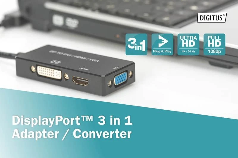 Šakotuvas Assmann Electronic ASSMANN DisplayPort konverteris kabelis DP - HDMI+DVI+VGA M-F/F/F 0 2m 3 in 1 Multi-Media kabelis CE bl auksinis
