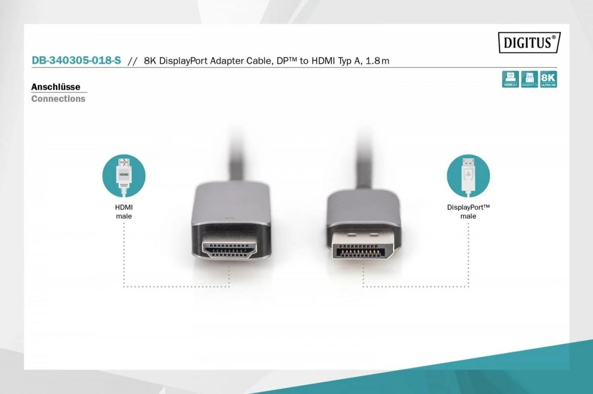 Digitus DB-340305-018-S vaizdo kabelio adapteris 1,8 m DisplayPort HDMI Juoda