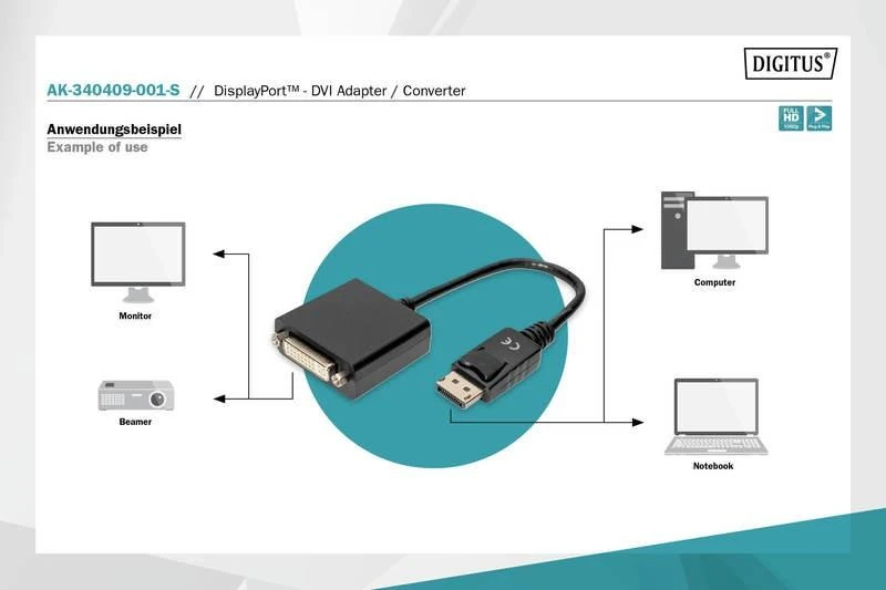 Assmann Electronic ASSMANN DisplayPort adapterio laidas DP - DVI 24+5 M/F 0.15m su blokavimu DP 1.1a suderinamas su CE bl