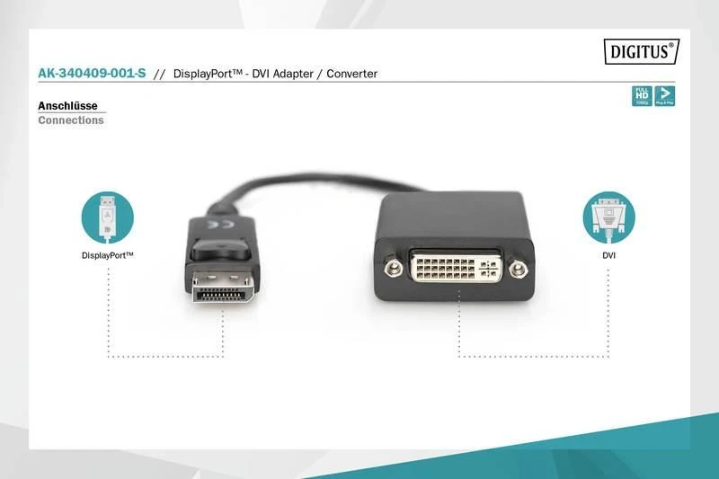 Assmann Electronic ASSMANN DisplayPort adapterio laidas DP - DVI 24+5 M/F 0.15m su blokavimu DP 1.1a suderinamas su CE bl