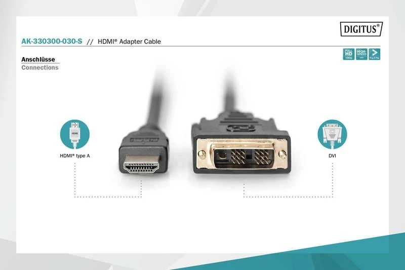 Assmann Electronic ASSMANN HDMI į DVI-D 18+1 laidas 3m juodas masinis