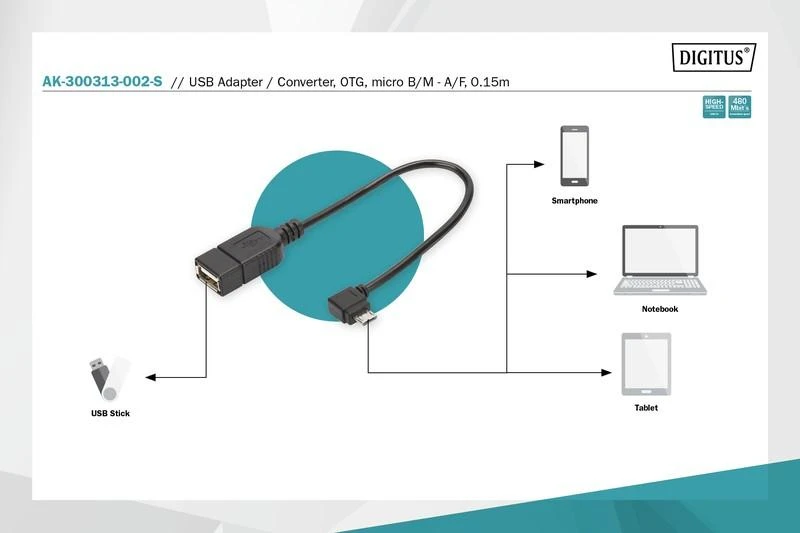 Digitus Assmann Electronic ASSMANN USB 2.0 adapterio laidas OTG tipo micro B - A M/F 0,15m USB 2.0 atitinka stačiakampį bl