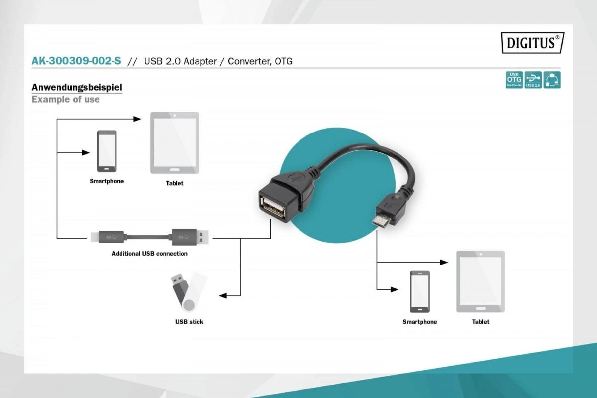 Assmann Electronic ASSMANN OTG kabelis USB micro-B St iki USB-A Bu 20cm
