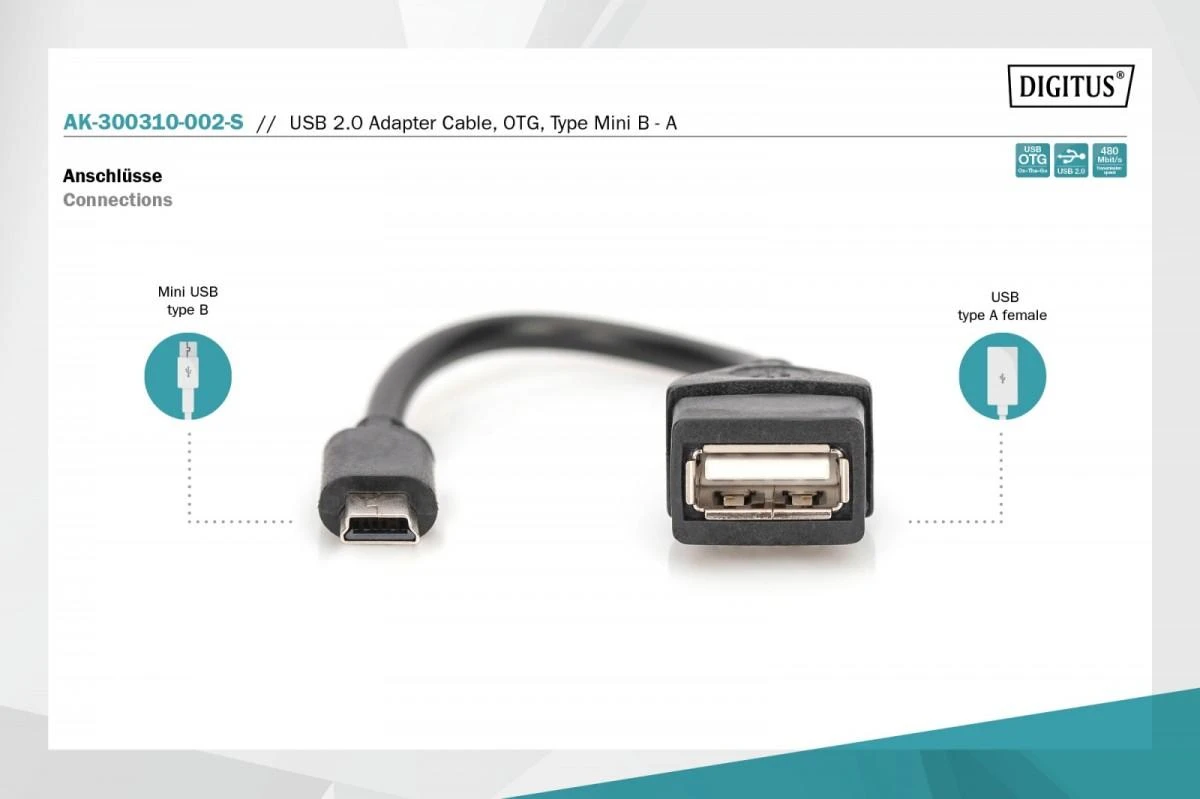 Assmann Electronic ASSMANN USB 2.0 adapterio kabelis OTG tipo mini B - A M/F 0.2m USB 2.0 atitinka bl