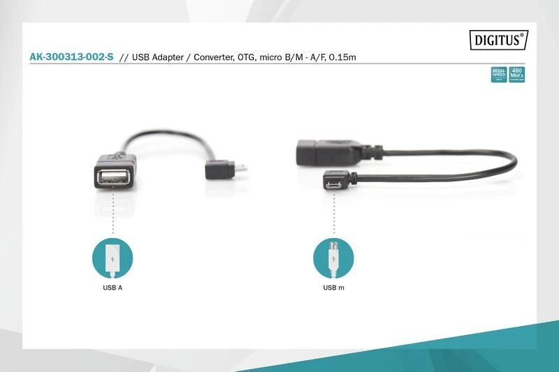 Digitus Assmann Electronic ASSMANN USB 2.0 adapterio laidas OTG tipo micro B - A M/F 0,15m USB 2.0 atitinka stačiakampį bl
