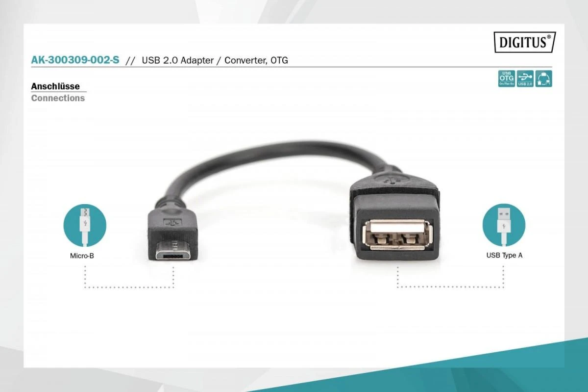 Assmann Electronic ASSMANN OTG kabelis USB micro-B St iki USB-A Bu 20cm