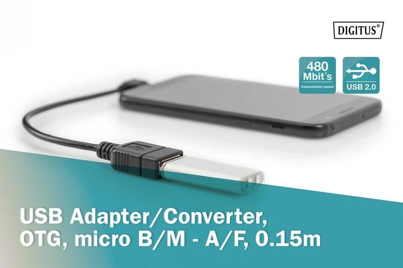 Digitus Assmann Electronic ASSMANN USB 2.0 adapterio laidas OTG tipo micro B - A M/F 0,15m USB 2.0 atitinka stačiakampį bl