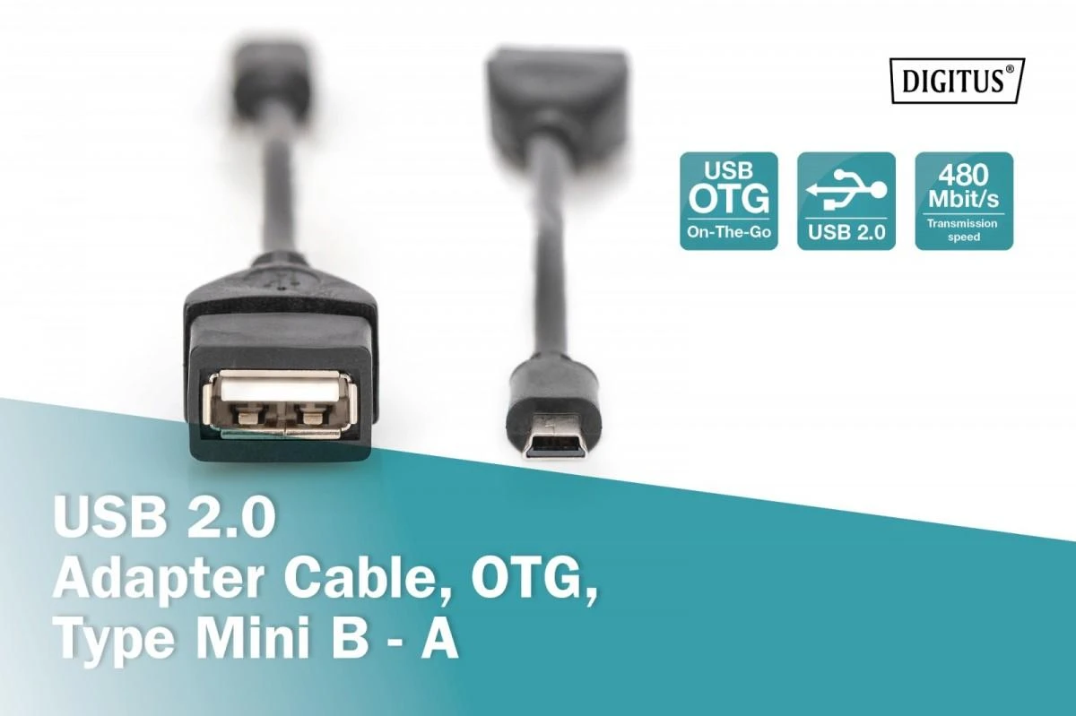 Assmann Electronic ASSMANN USB 2.0 adapterio kabelis OTG tipo mini B - A M/F 0.2m USB 2.0 atitinka bl