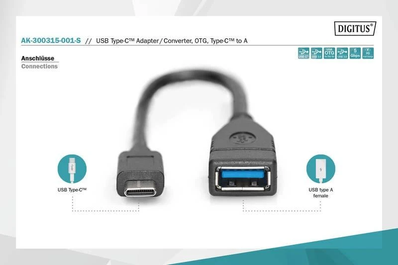 Assmann Electronic DIGITUS USB Type-C adapterio laidas OTG tipas C - A M/F 0 15m Super Speed bl
