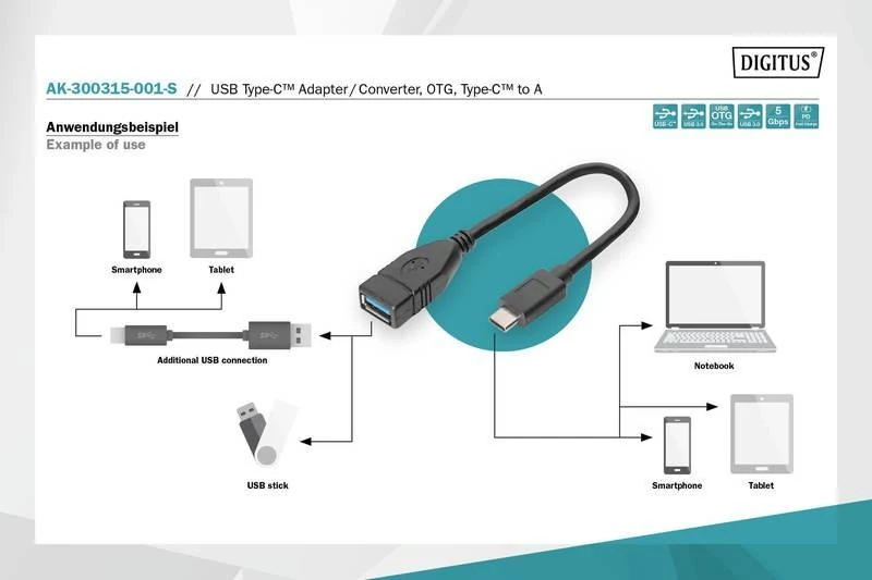 Assmann Electronic DIGITUS USB Type-C adapterio laidas OTG tipas C - A M/F 0 15m Super Speed bl