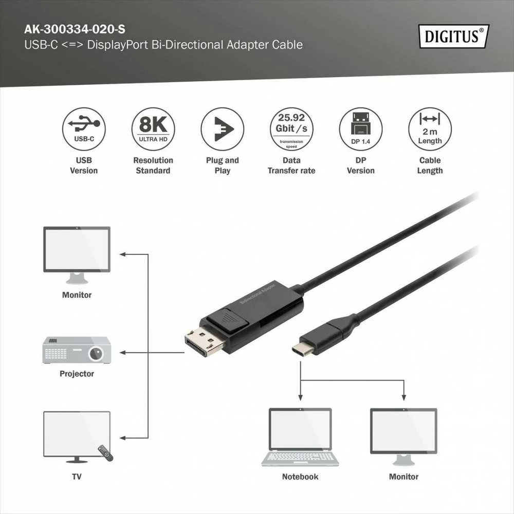 Assmann Electronic DIGITUS USB Type-C į DisplayPort dvikryptis maks. Rezoliucija 8K 30Hz ilgiai 2m Juodas