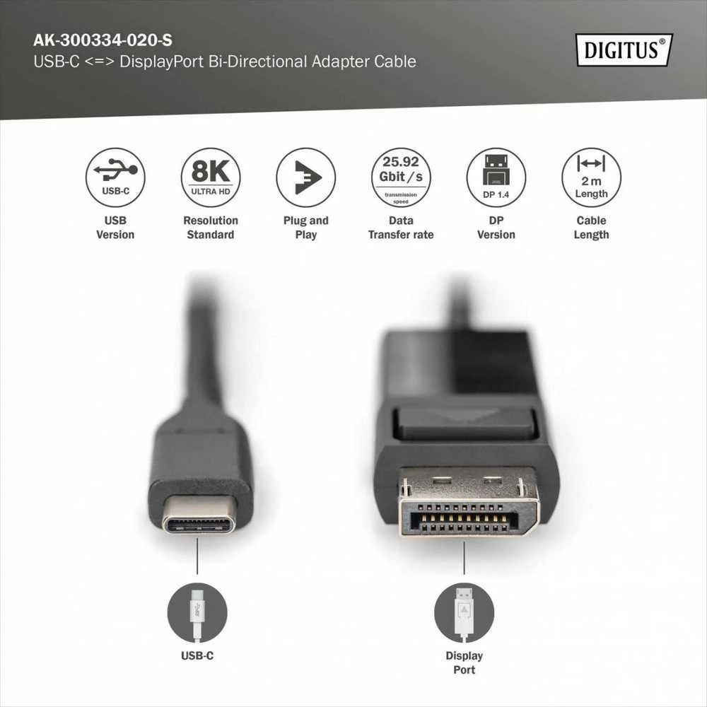 Assmann Electronic DIGITUS USB Type-C į DisplayPort dvikryptis maks. Rezoliucija 8K 30Hz ilgiai 2m Juodas