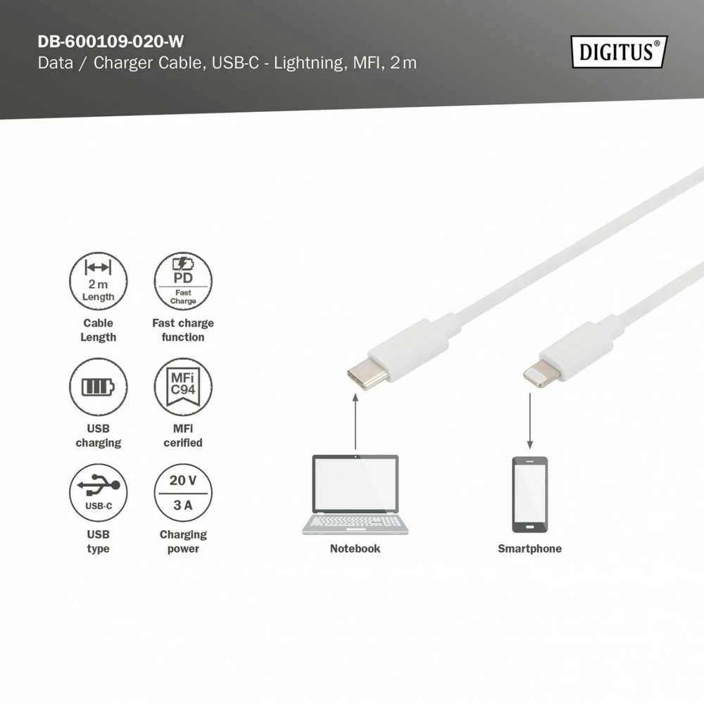 Digitus Skaitmenas | Lightning to USB-C duomenų / įkrovimo kabelis | DB-600109-020-W | USB-C prie Lightning Apple Lightning 8 kontaktų | USB C