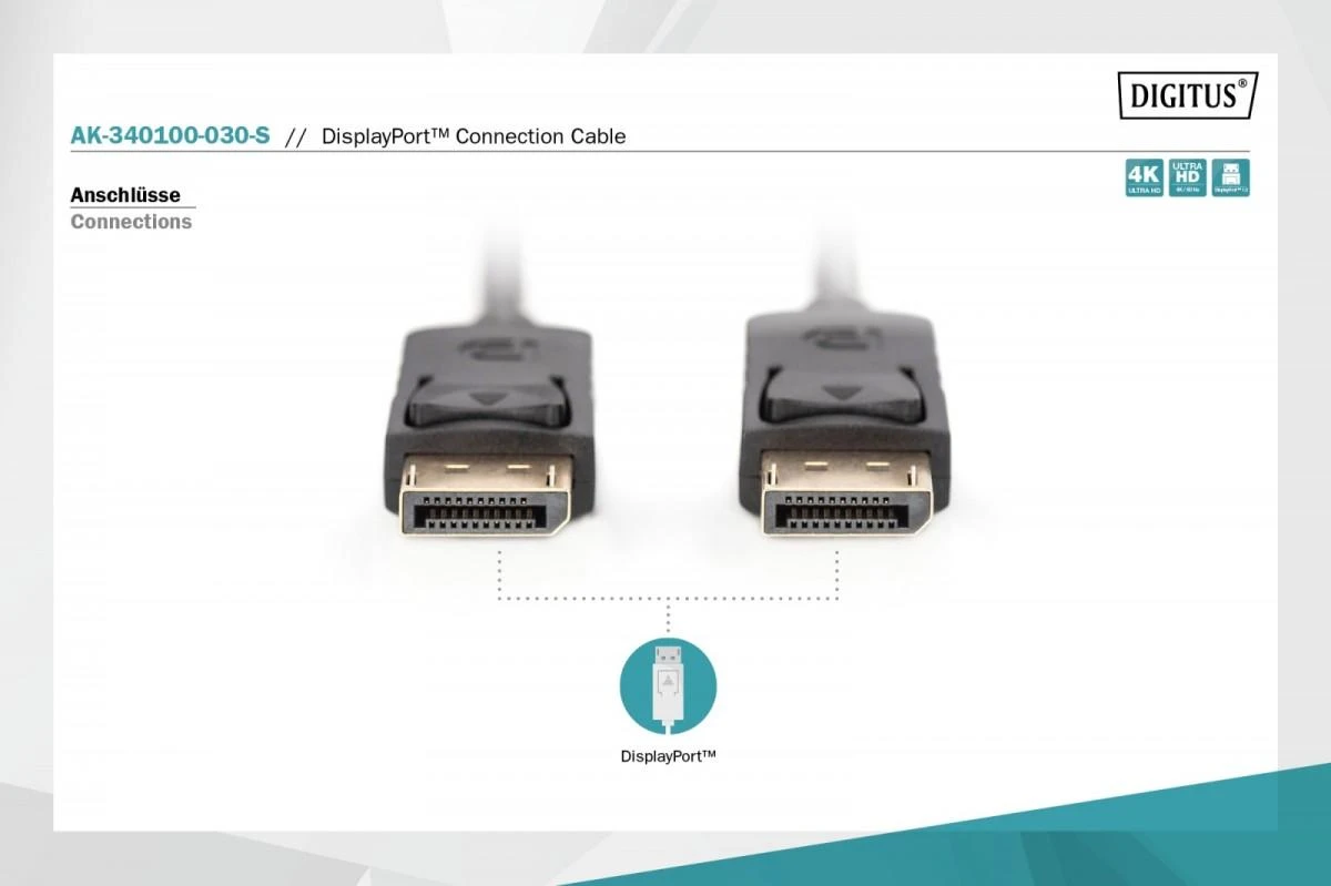 Assmann Electronic ASSMANN laidas Displayport 3m AWG28 2xekranuotas 20 kontaktų juodas
