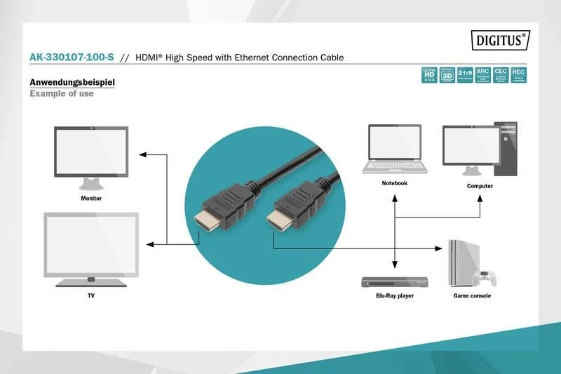 Assmann Electronic DIGITUS HDMI High Speed jungties kabelis tipas A M/M 10.0m su eternetu Full HD 60p auksinis bl