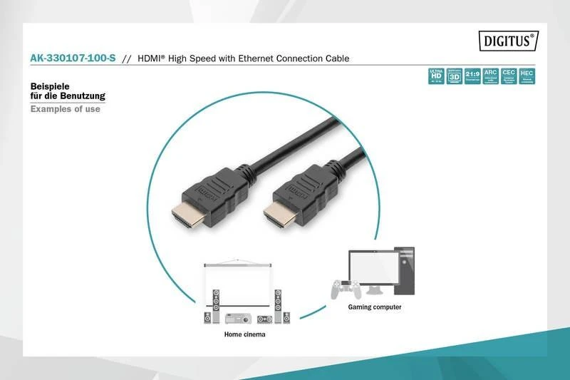 Assmann Electronic DIGITUS HDMI High Speed jungties kabelis tipas A M/M 10.0m su eternetu Full HD 60p auksinis bl