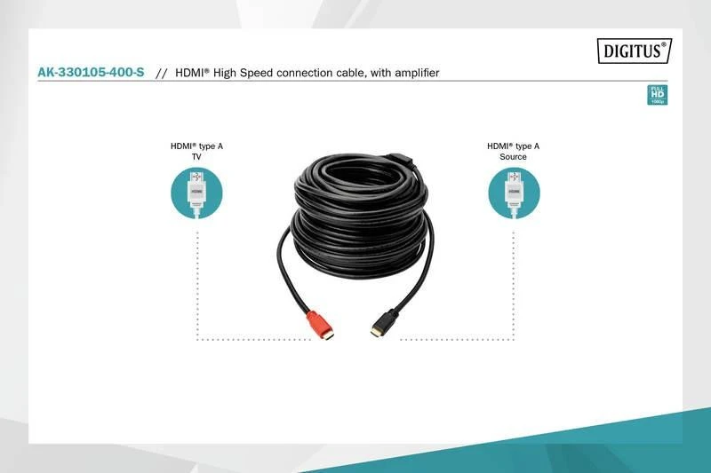 Assmann Electronic ASSMANN HDMI didelės spartos jungties kabelis tipas A w amp. M M 40.0m Full HD CE auksinis bl