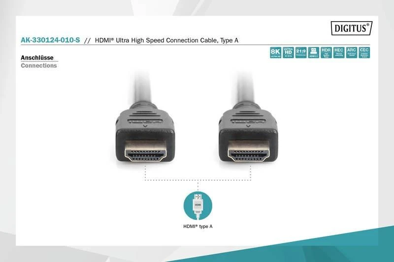 Assmann Electronic ASSMANN jungties kabelis HDMI Ultra HighSpeed Ethernet 8K 60Hz UHD tipas HDMI A/HDMI A M/M 1m