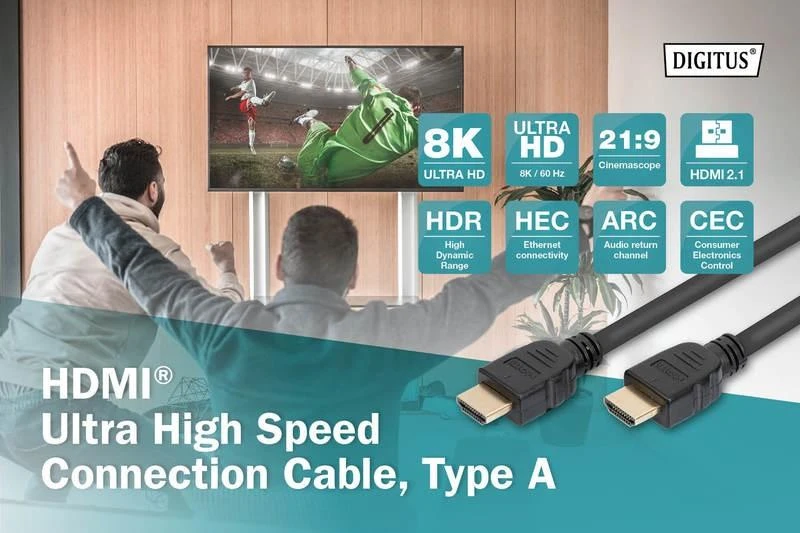 Assmann Electronic ASSMANN jungties kabelis HDMI Ultra HighSpeed Ethernet 8K 60Hz UHD tipas HDMI A/HDMI A M/M 1m