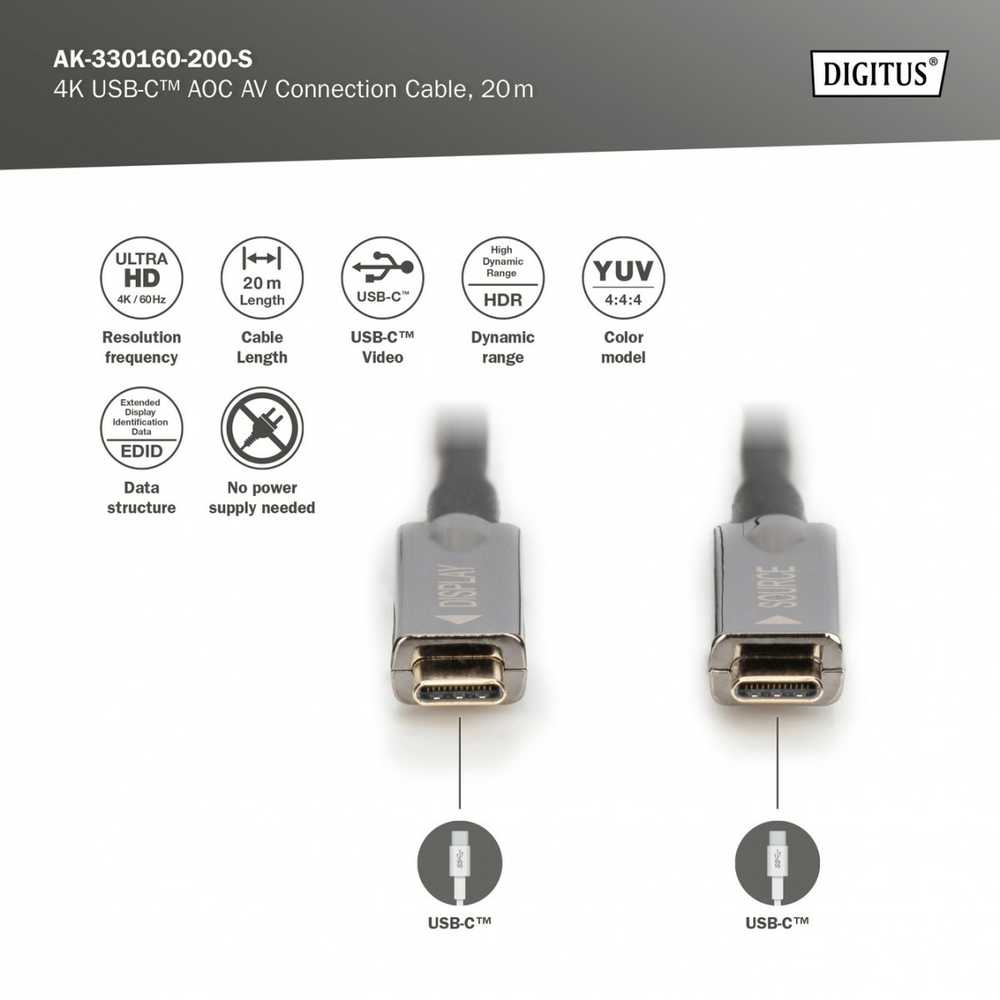 Assmann Electronic DIGITUS USB Type-C-USB Type-C AOC hibridinis FO kabelis 4K 60Hz USB 3.1 SPEC 20m