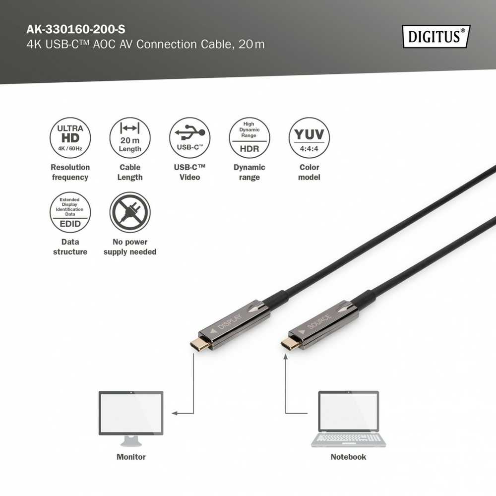 Assmann Electronic DIGITUS USB Type-C-USB Type-C AOC hibridinis FO kabelis 4K 60Hz USB 3.1 SPEC 20m