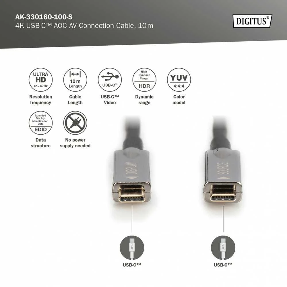 Assmann Electronic DIGITUS USB Type-C – USB Type-C AOC hibridinis FO kabelis 4K 60Hz USB 3.1 SPEC 10m