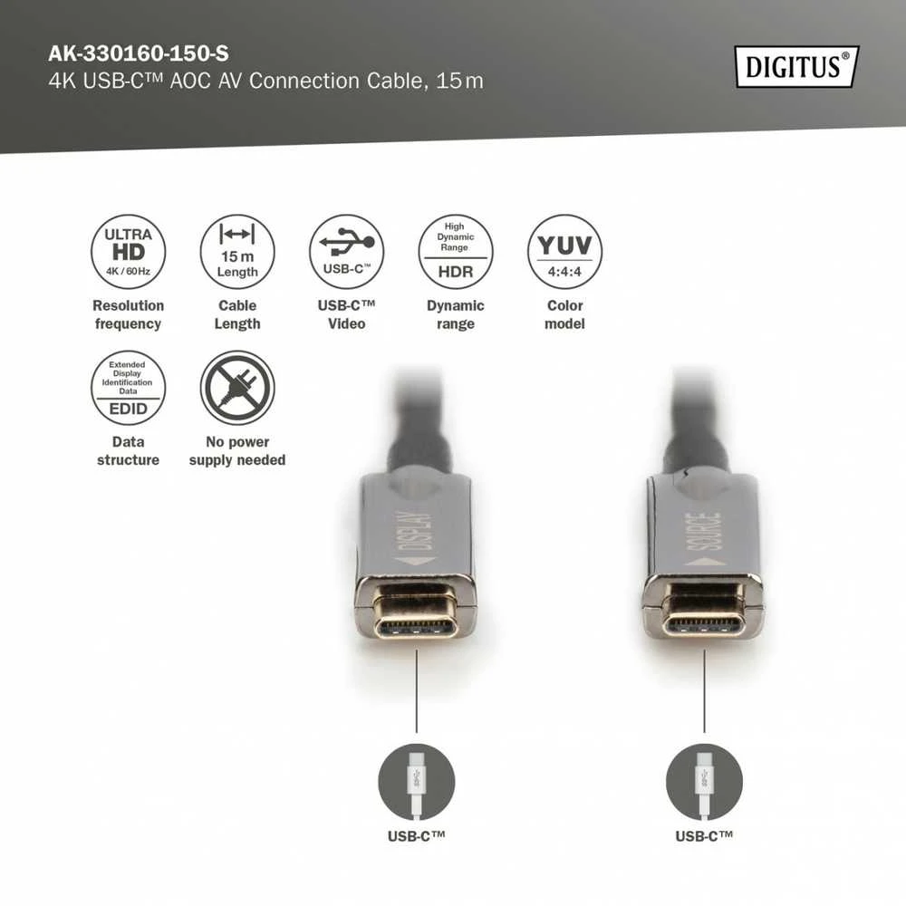 Assmann Electronic DIGITUS USB Type-C-USB Type-C AOC hibridinis FO kabelis 4K 60Hz USB 3.1 SPEC 15m