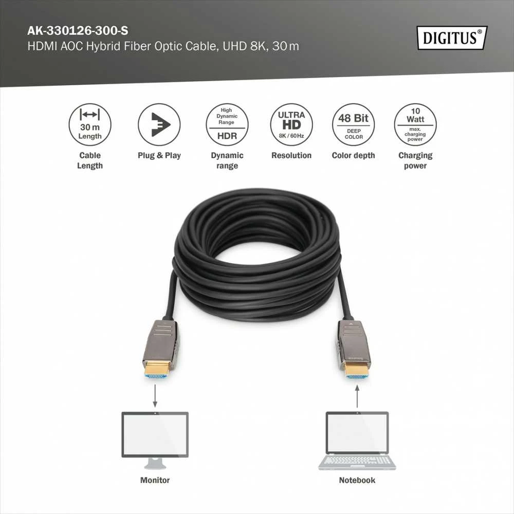 Assmann Electronic ASSMANN HDMI AOC Hibridinio pluošto prijungimo kabelis Tipas A M/M 30m UHD 8K60Hz CE auksinis bl