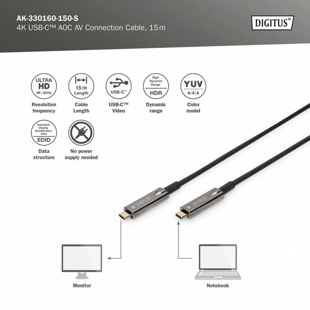 Assmann Electronic DIGITUS USB Type-C-USB Type-C AOC hibridinis FO kabelis 4K 60Hz USB 3.1 SPEC 15m