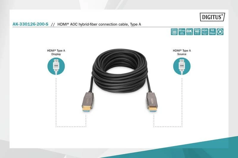 Assmann Electronic ASSMANN HDMI AOC Hibridinio pluošto prijungimo kabelis Tipas AM/M 20m UHD 8K60Hz CE auksinis bl