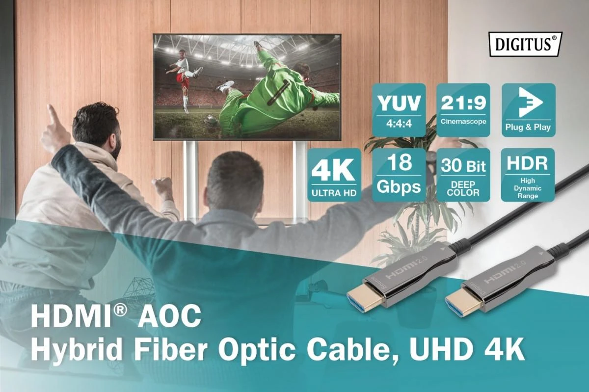 Assmann Electronic „Assmann“ elektroninis ASSMANN jungiamasis kabelis HDMI hibridinis šviesolaidinis „Premium HighSpeed Ethernet“ AOC 4K 60Hz UHD tipas HDMI A/HDMI AM/M 15m