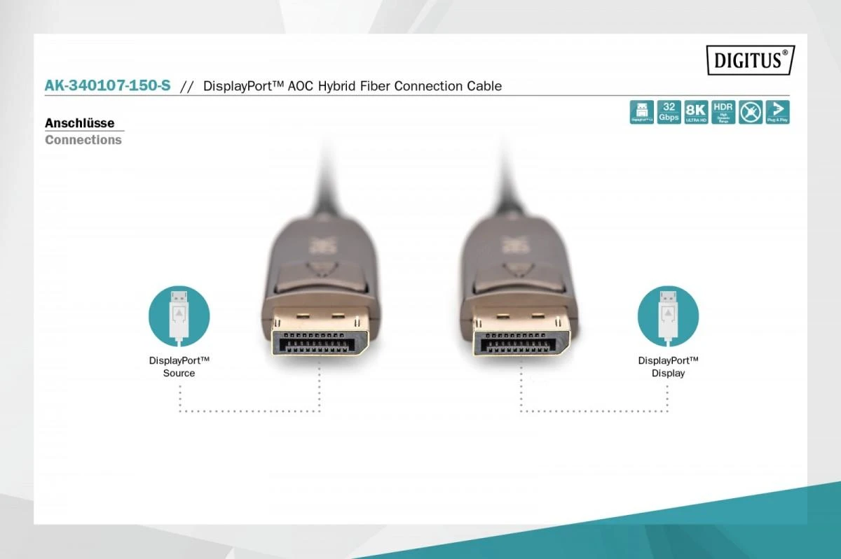 Assmann Electronic ASSMANN DisplayPort AOC Hibridinio pluošto prijungimo kabelis M/M 15m UHD 8K60Hz CE auksinis bl