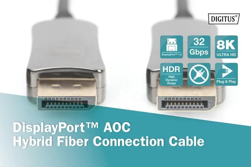 DisplayPort AOC kabelio jungtys su specifikacijų piktogramomis