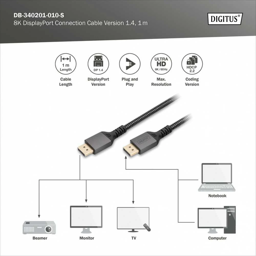 „Digitus“ | „DisplayPort“ jungties kabelis 1.4 | DB-340201-010-S | DP į DP | 1 m