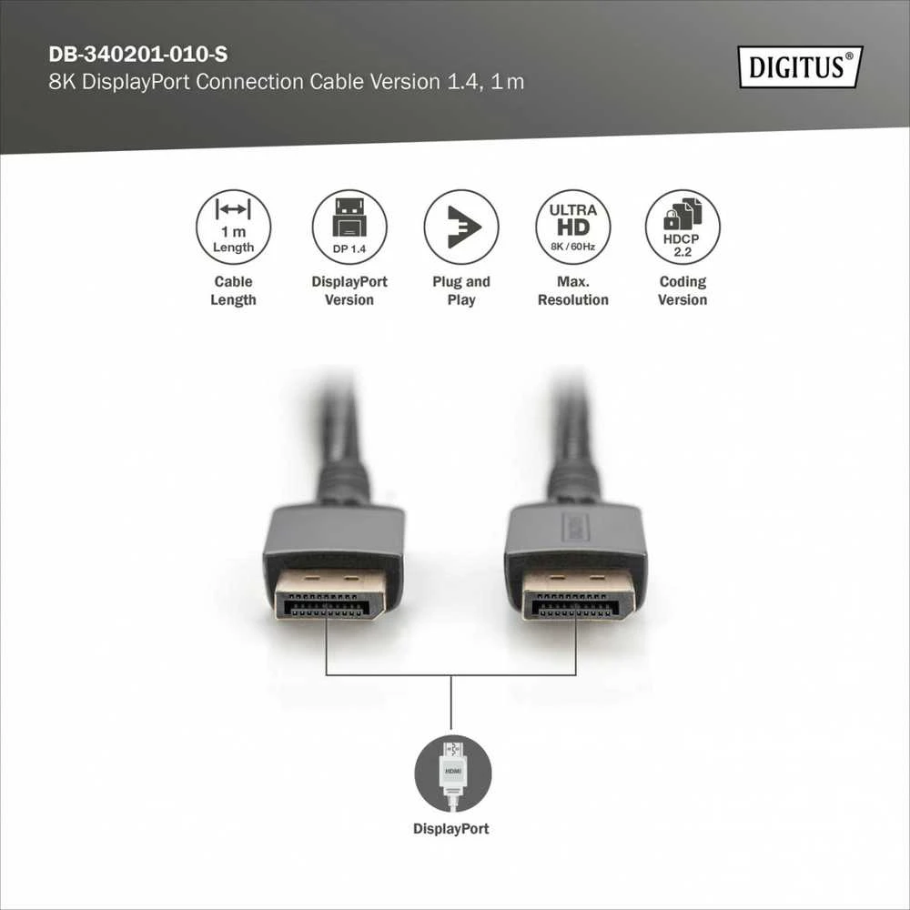„Digitus“ | „DisplayPort“ jungties kabelis 1.4 | DB-340201-010-S | DP į DP | 1 m