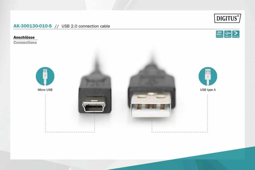 Assmann Electronic ASSMANN USB 2.0 jungties kabelis tipas A - mini B 5pin M/M 1.0m USB 2.0 atitinka UL bl