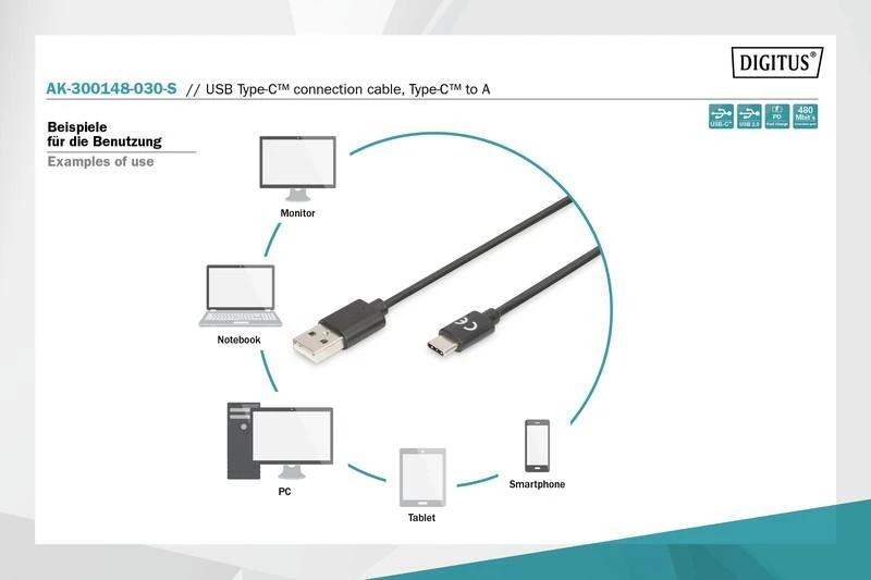Assmann Electronic ASSMANN USB Type-C jungties kabelis tipas C iki AM/M 3.0m 3A 480MB 2.0 Versija CE bl