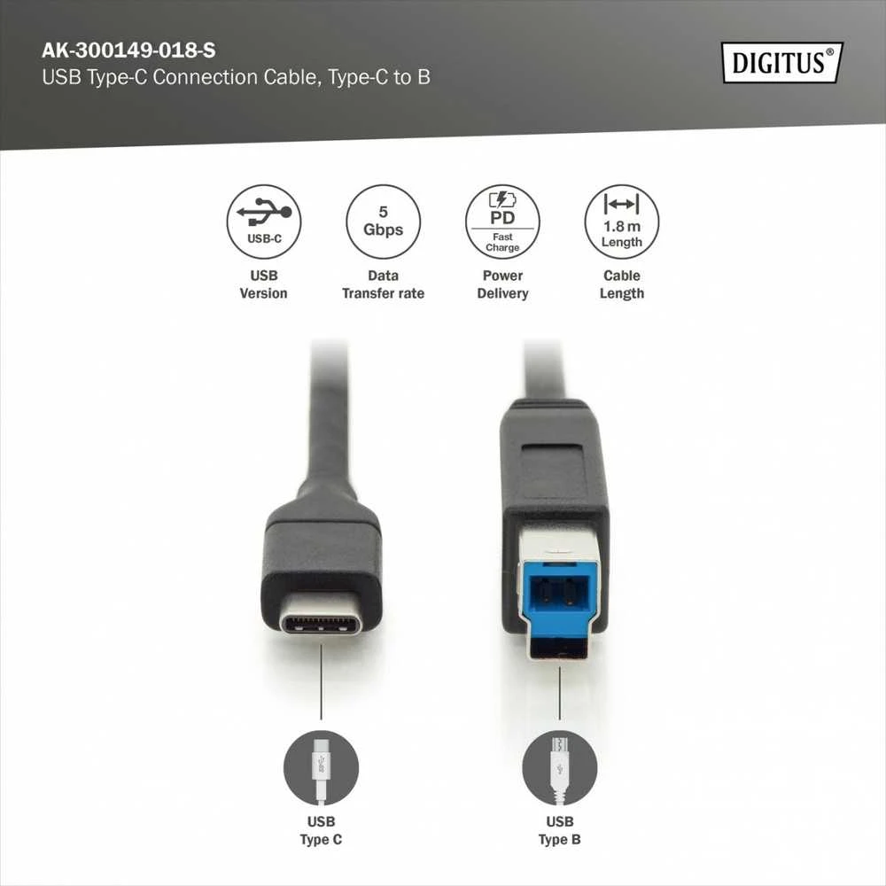 Assmann Electronic ASSMANN USB Type-C jungties kabelis tipas C iki B M/M 1.8m 3A 5GB 3.0 Versija CE bl