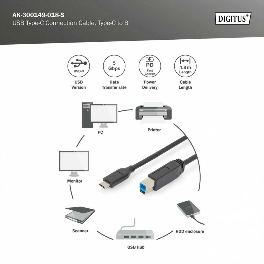 Assmann Electronic ASSMANN USB Type-C jungties kabelis tipas C iki B M/M 1.8m 3A 5GB 3.0 Versija CE bl